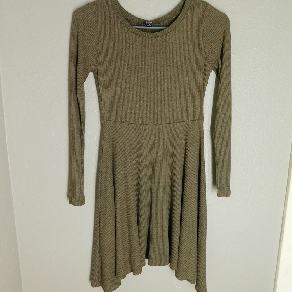 Lulus Skater Dress Womens S Olive Green Ribbed Knit Long Sleeve Sharkbite Hem - Picture 2 of 9